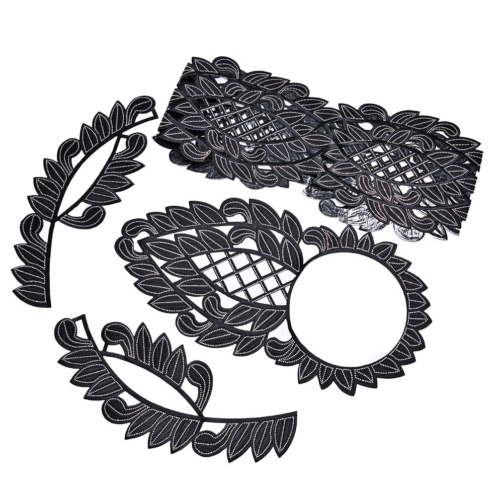 Black embroidered neckline applique set with back adhesive, collar with matching short and long trims