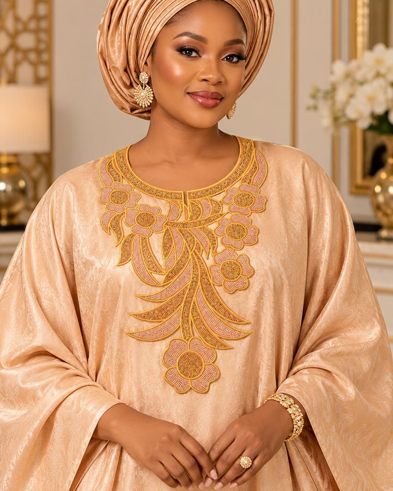 Gold floral embroidered neckline applique with back adhesive on a champagne kaftan worn with matching gele