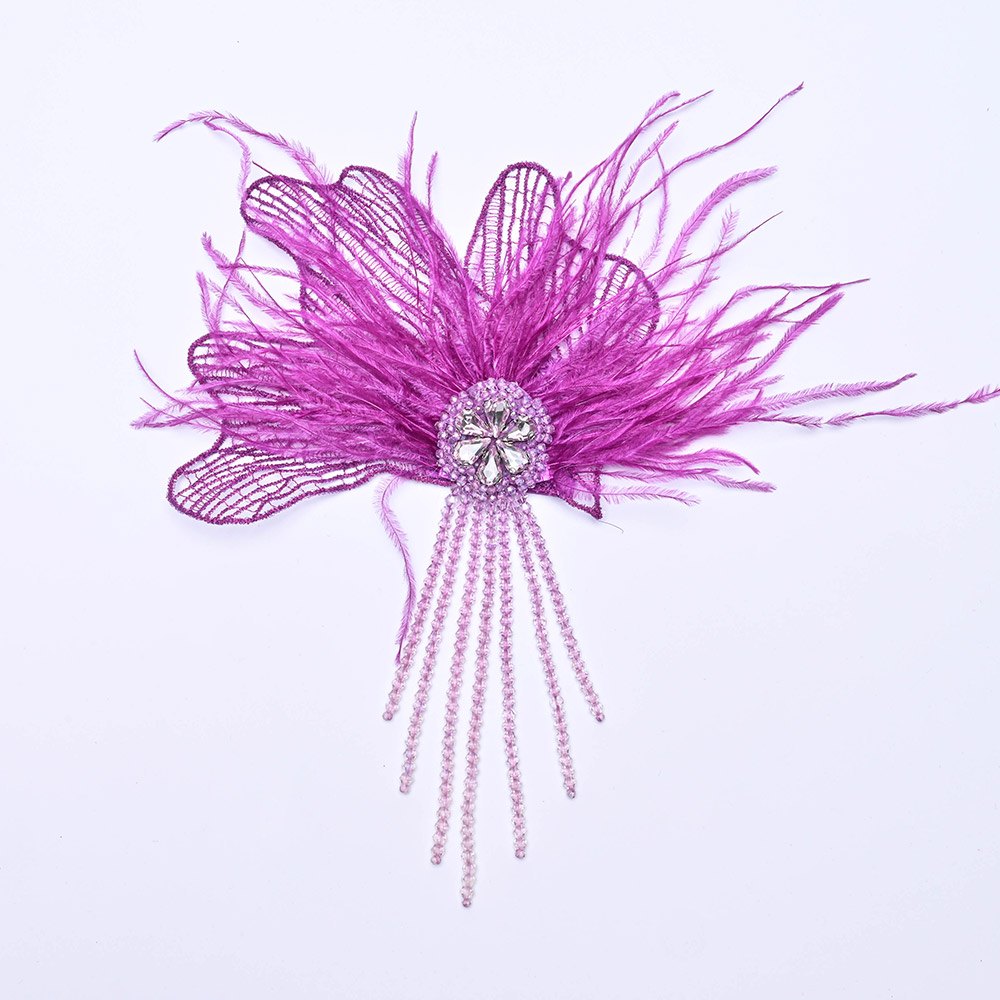 Feather Flower Brooch Applique with Beaded Tassels for aso ebi, bridal and evening wear