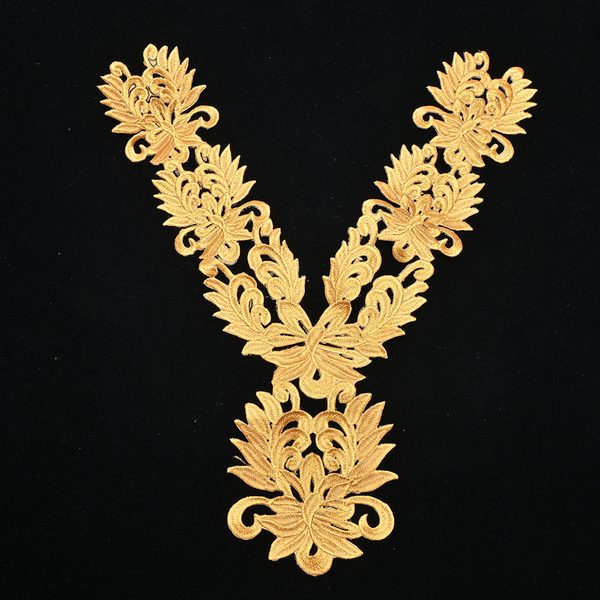 Gold metallic embroidered neckline applique with back adhesive, 33 × 39 cm