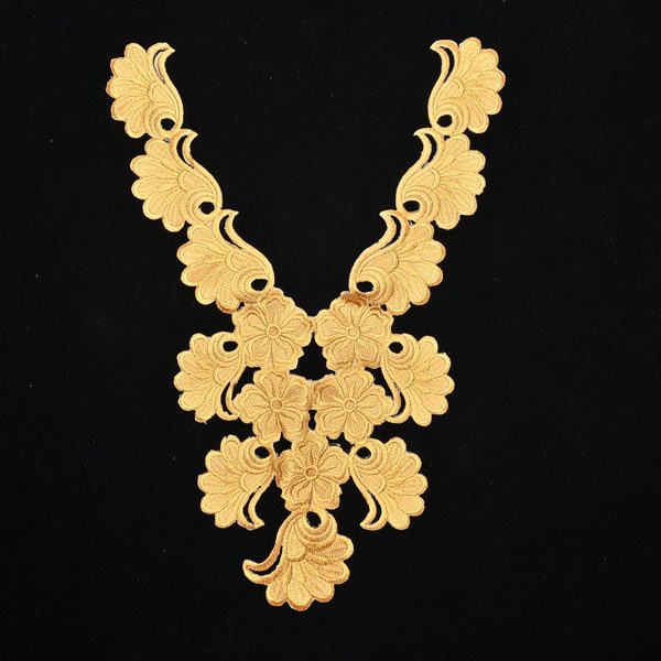 Gold metallic embroidered neckline applique with back adhesive, 29 × 40.5 cm