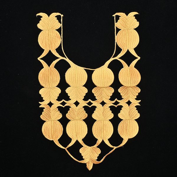 Gold metallic embroidered neckline applique with back adhesive, 28 × 43 cm