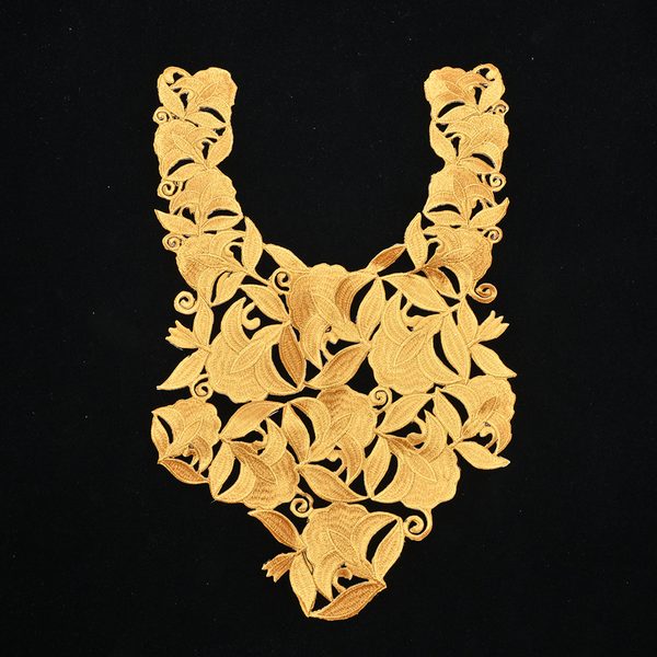 Gold metallic embroidered neckline applique with back adhesive, 28 × 43 cm