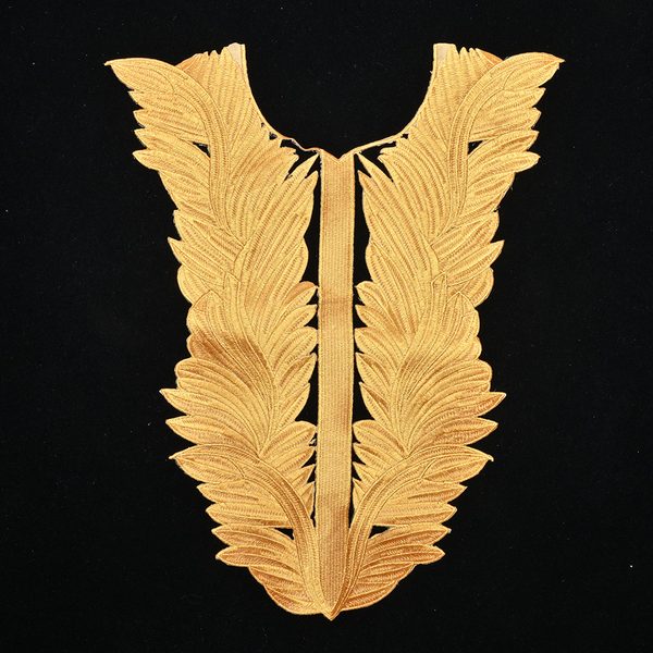 Gold metallic embroidered neckline applique with back adhesive, 29.5 × 36.5 cm