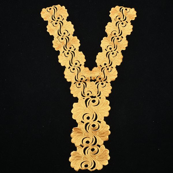 Gold metallic embroidered neckline applique with back adhesive, 28.3 × 45.5 cm