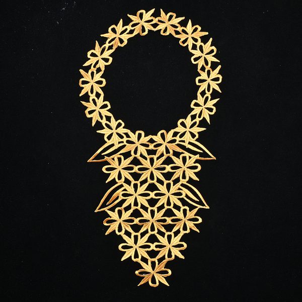 Gold metallic embroidered neckline applique with back adhesive, 27 × 52 cm
