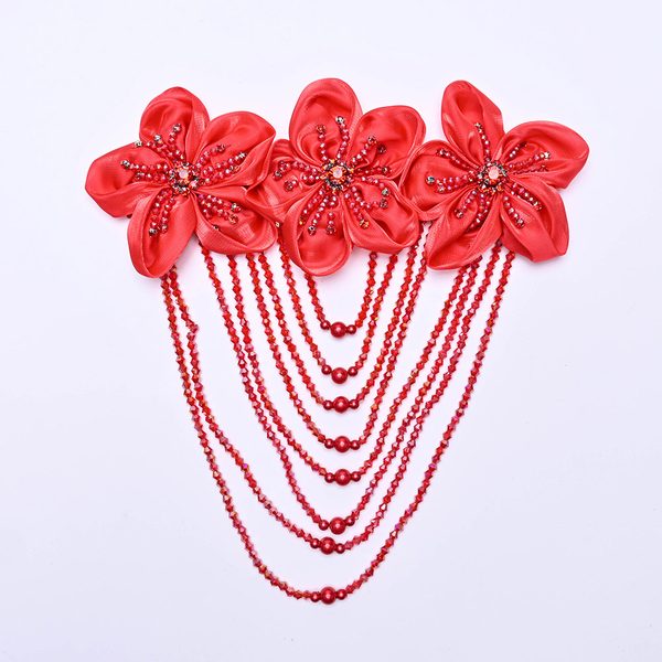 3D flower applique with crystal bead tassels, 23 × 23 cm