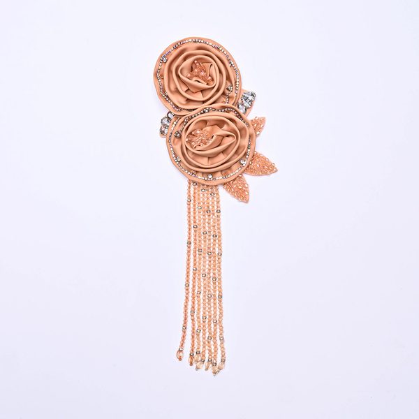 3D flower applique with crystal bead tassels, 10 × 30 cm