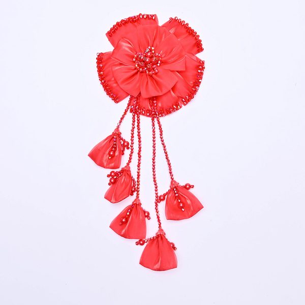 3D flower applique with crystal bead tassels, 13 × 30.5 cm