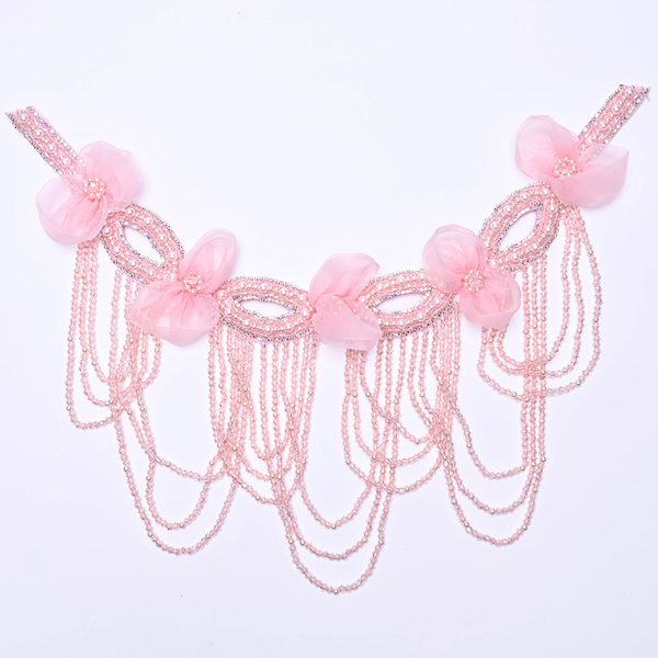 3D flower applique with crystal bead tassels, 47 × 20 cm