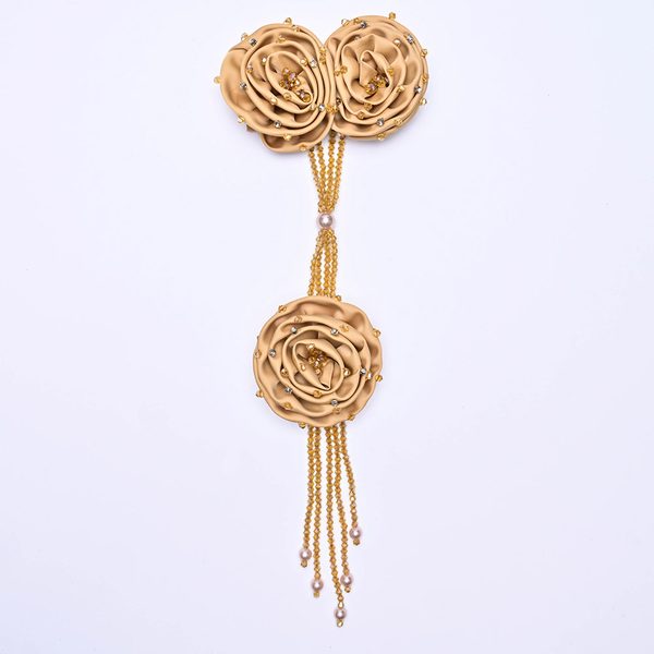 3D flower applique with crystal bead tassels, 13 × 27 cm