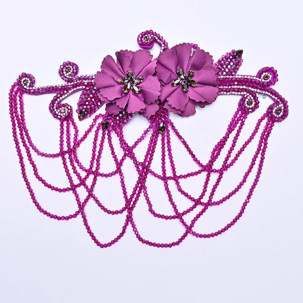 3D flower applique with crystal bead tassels, 27.5 × 21.5 cm