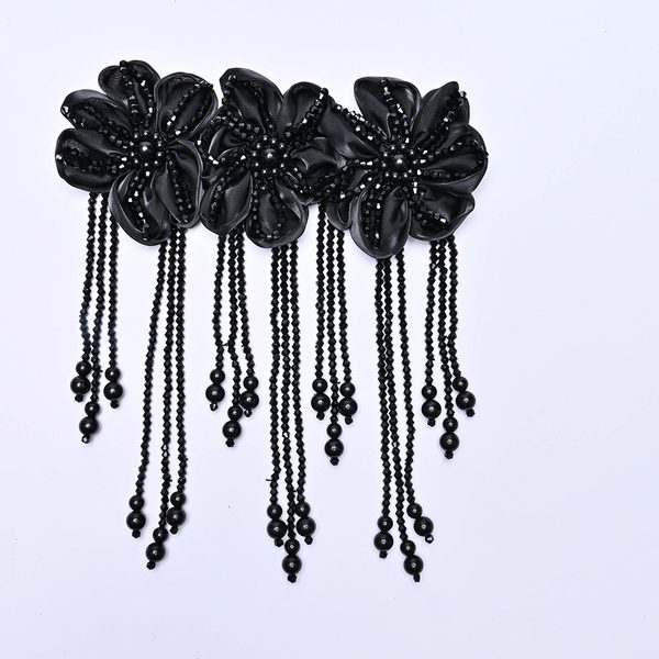3D flower applique with crystal bead tassels, 21 × 25 cm