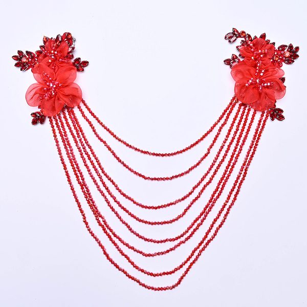 3D flower applique with crystal bead tassels, 38 × 30 cm