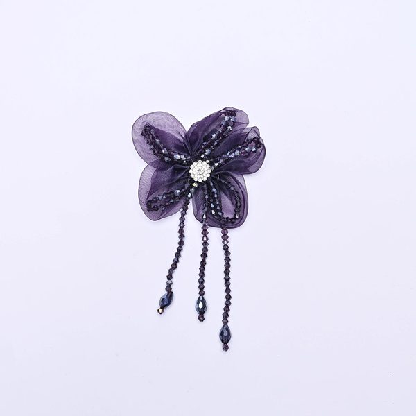 3D flower applique with crystal bead tassels, 9 × 17.5 cm