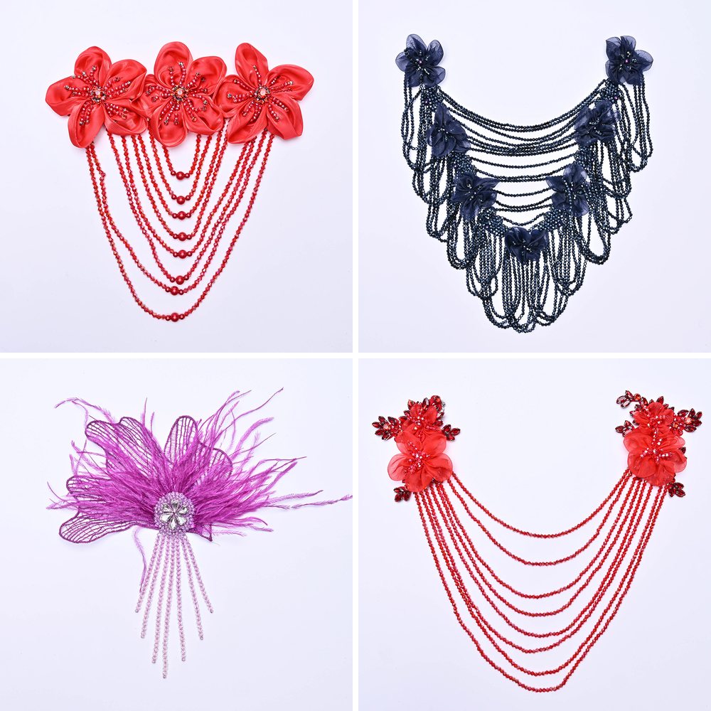 3D flower appliques with crystal bead tassels, including neckline drapes, shoulder chains and tassel pendants