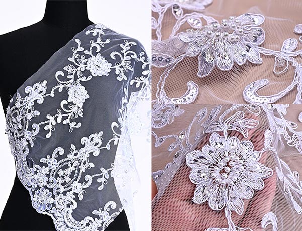 Corded Lace Fabric with Sequins, Beads & Hand-Applied Flowers