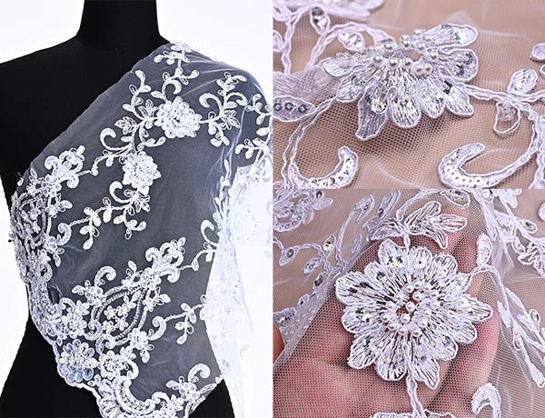 Corded Lace Fabric with Sequins, Beads & Hand-Applied Flowers