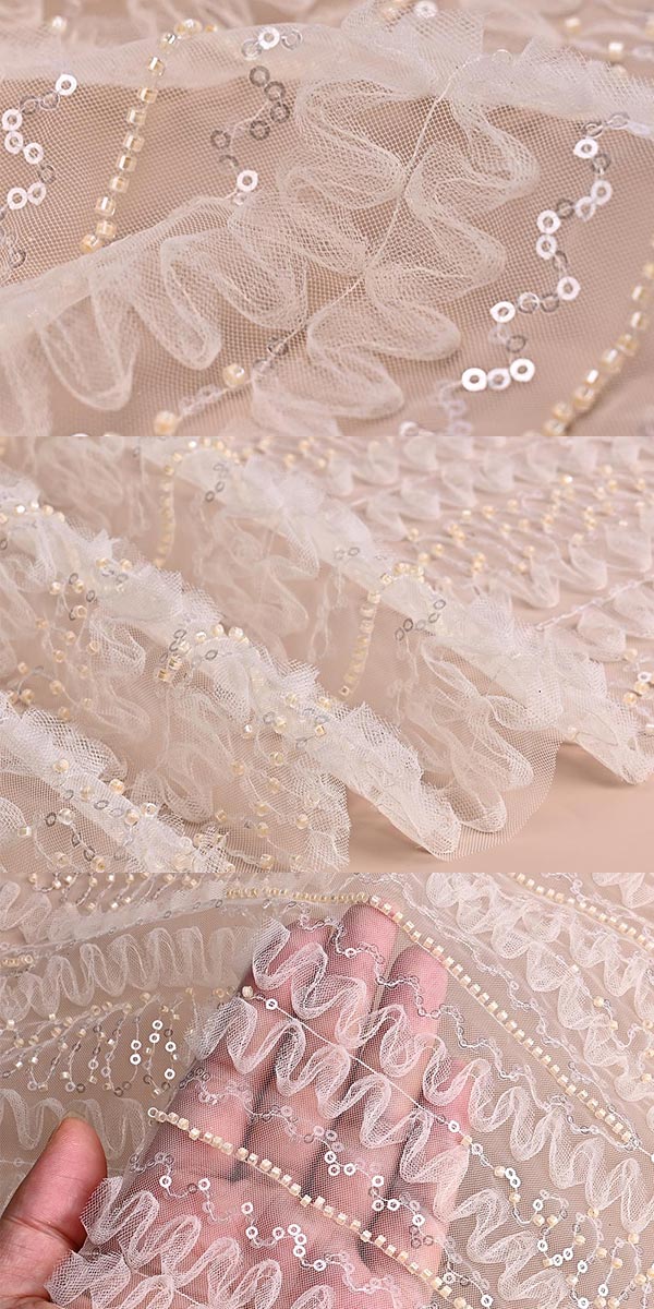 Beaded & Sequin Embroidered Allover Fabric with tulle ruffles