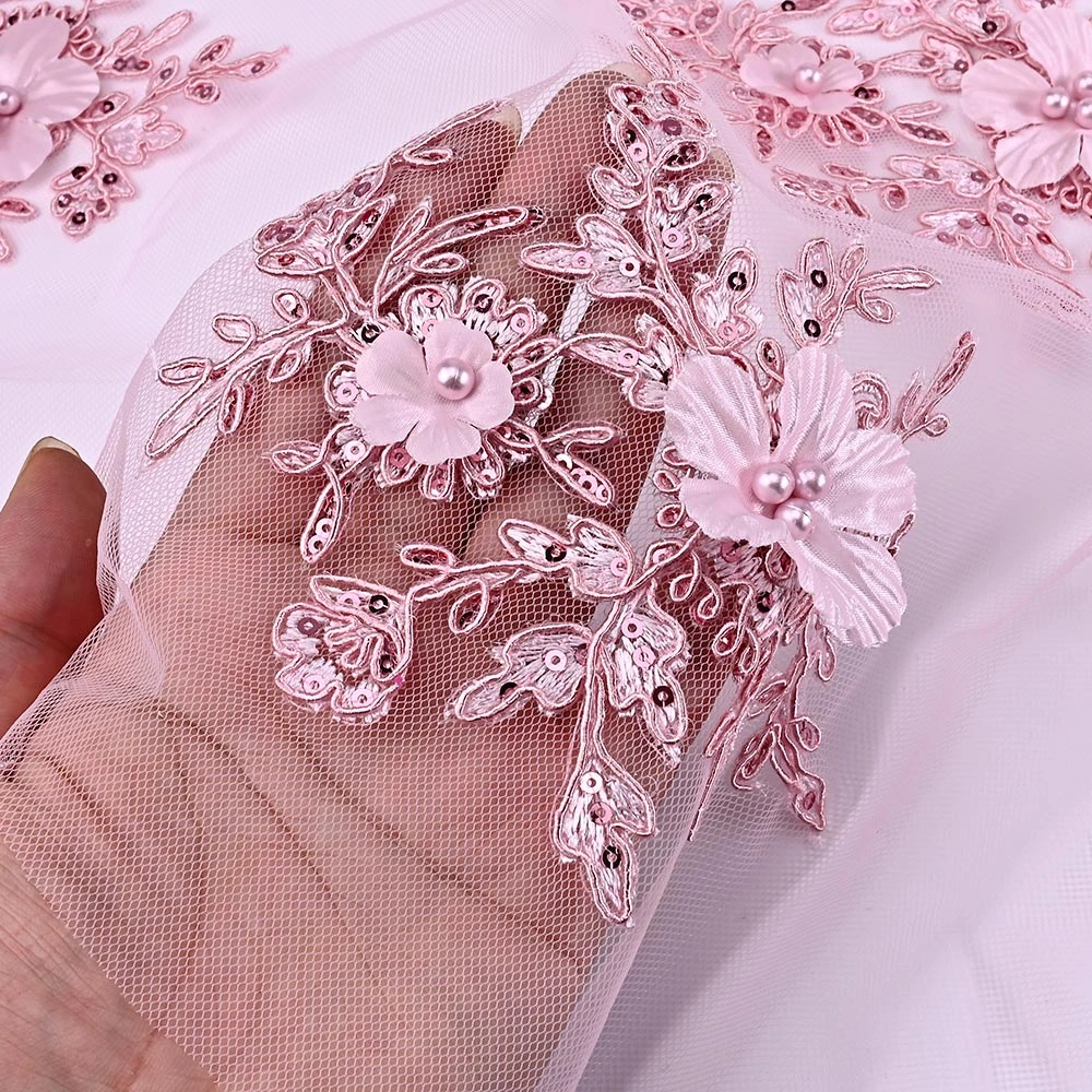 3D Floral Corded Lace Fabric with Pearls & Sequins