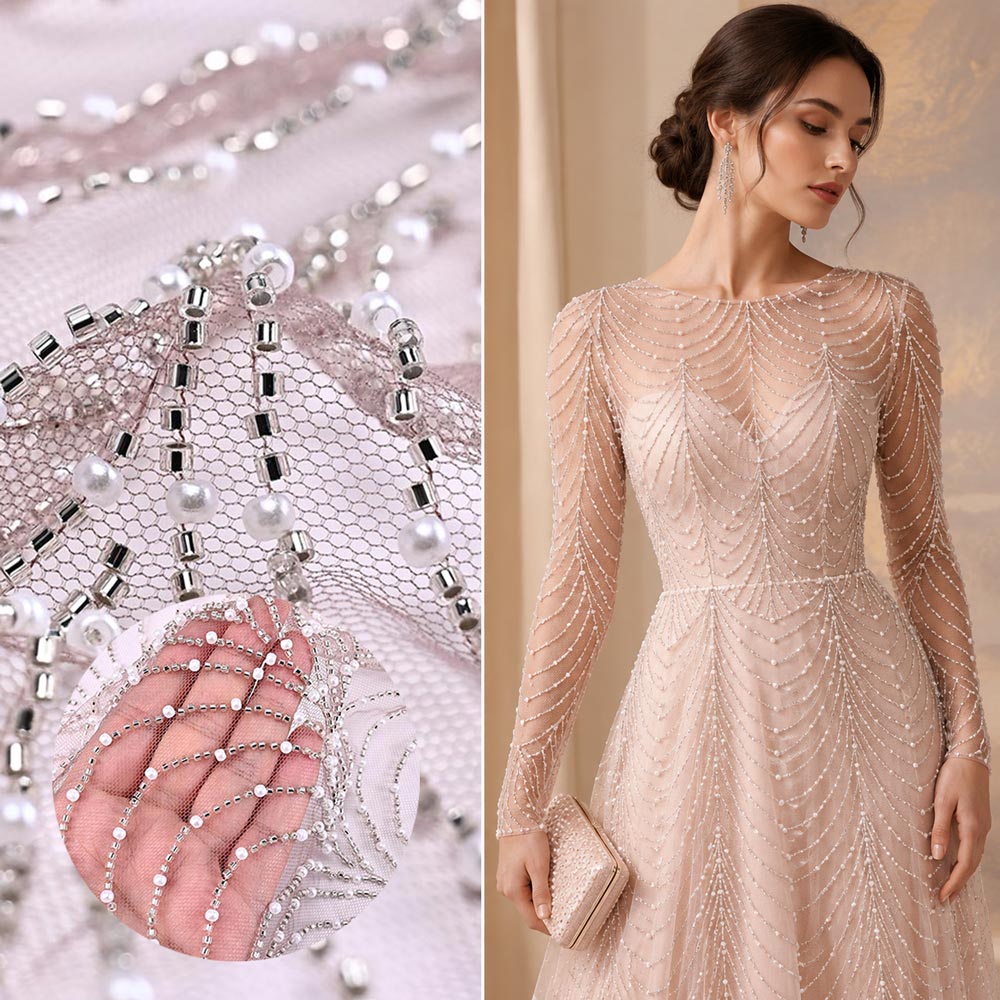 Elegant beaded lace fabric with pearls and sequins used in a couture gown, showcasing intricate beadwork and sparkling details for bridal, evening wear, and high-end fashion applications.