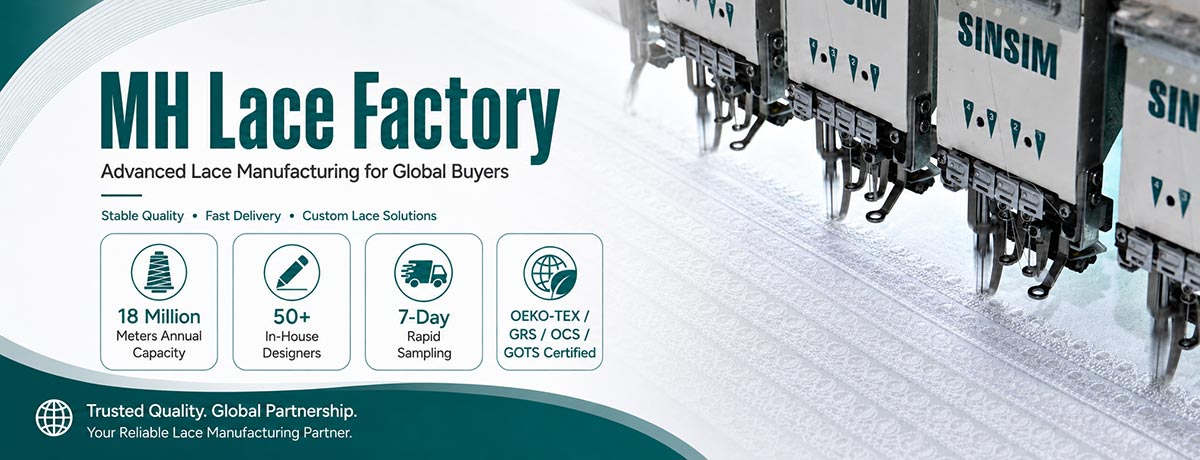 MH Lace Factory showcasing advanced lace manufacturing with embroidery machines, 18 million meters annual capacity, 50+ in-house designers, 7-day rapid sampling, and OEKO-TEX/GRS/OCS/GOTS certification for global buyers.