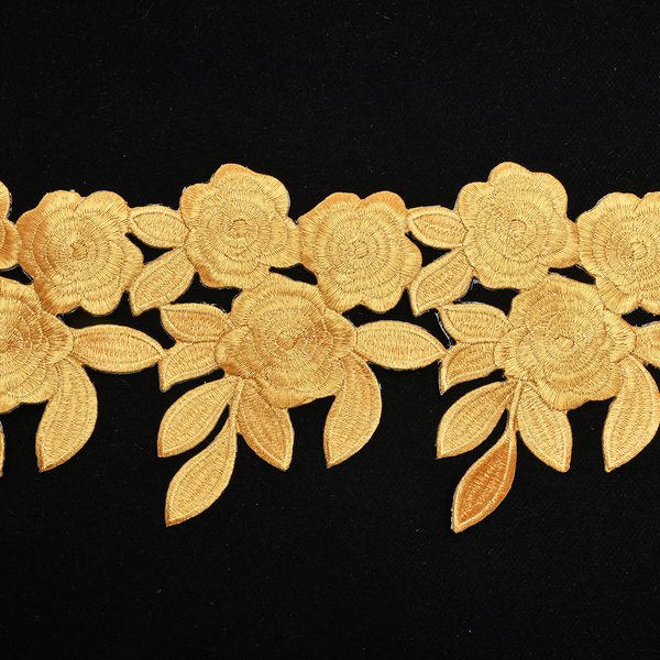 Gold metallic embroidered trim with back adhesive, Width 12.6 cm