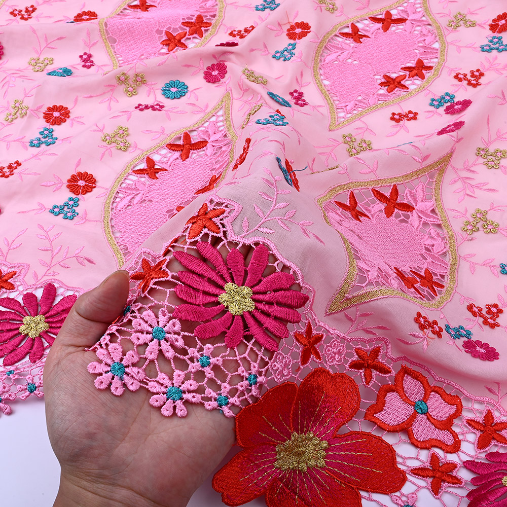 Guipure flower border of pink 3D embroidered lace fabric