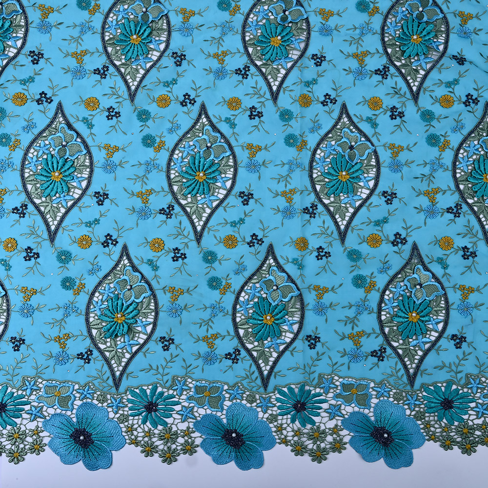Turquoise 3D embroidered cutwork lace fabric 6345-0196