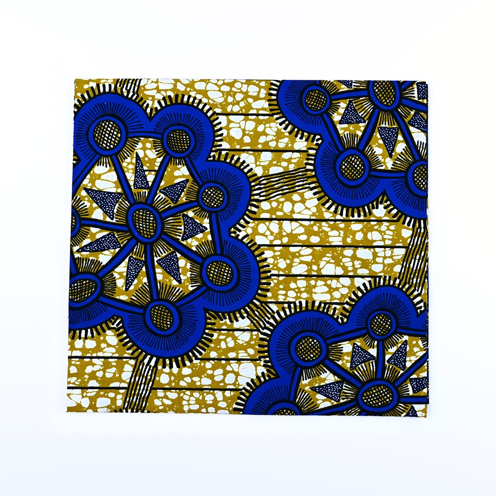 Blue Flower on Gold African imitation wax print fabric design D10