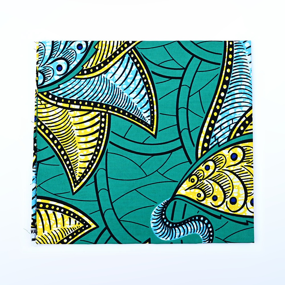 Teal Feather Leaf African imitation wax print fabric design D7