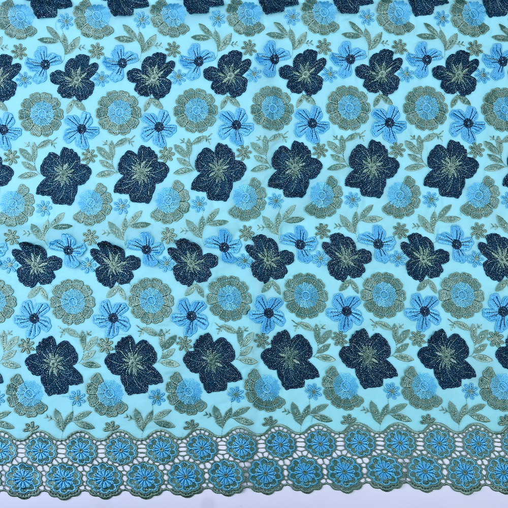 Aqua Blue 3D embroidered lace fabric XFM4142