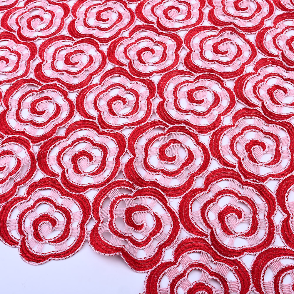 Scalloped rose edge of red 3D water soluble guipure lace