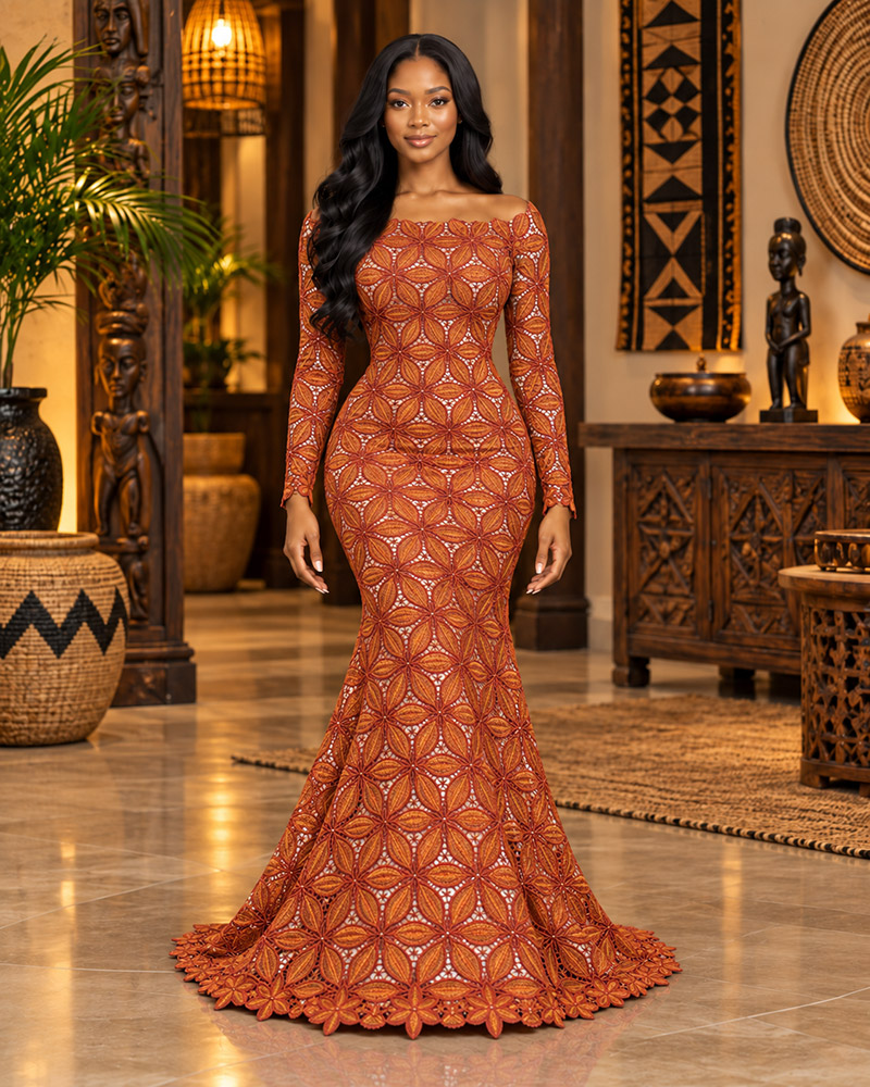 Aso Ebi mermaid gown made with XFS4140 burnt orange guipure lace fabric