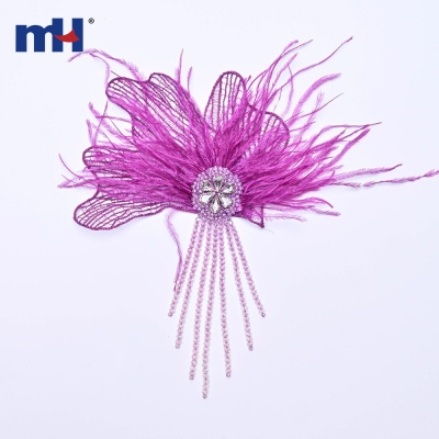 Feather Flower Brooch Applique with Beaded Tassels