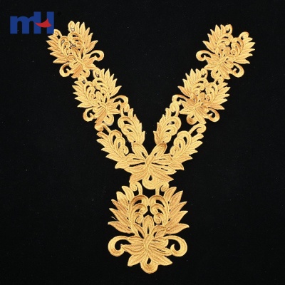 Gold Metallic Embroidered Neckline Applique with Back Adhesive